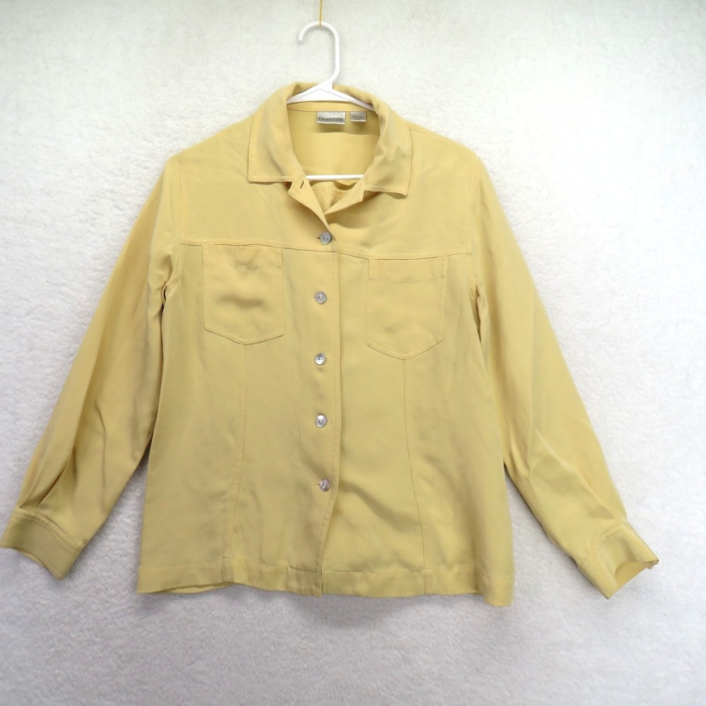 Chicos Blouse Womens 1 M Yellow Silk Button Front Long Sleeve Shirt Classic
